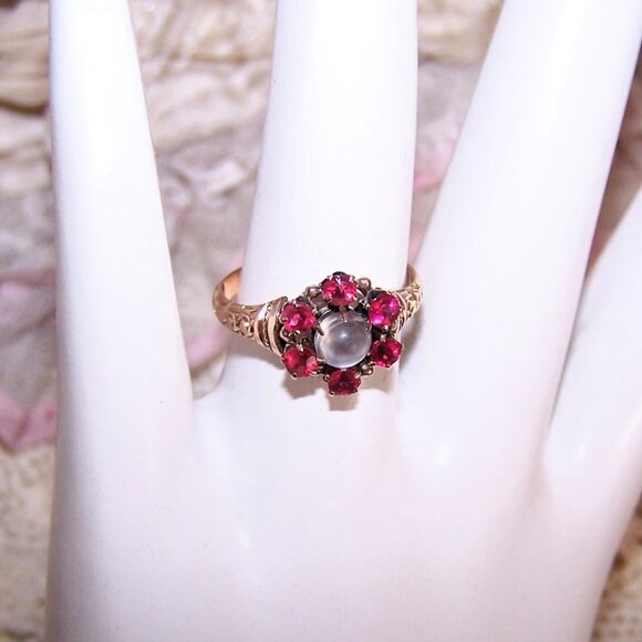 Antique Victorian 14K Gold Moonstone Pink Quartz Engagement Ring - Size 5 - Picture 6 of 12